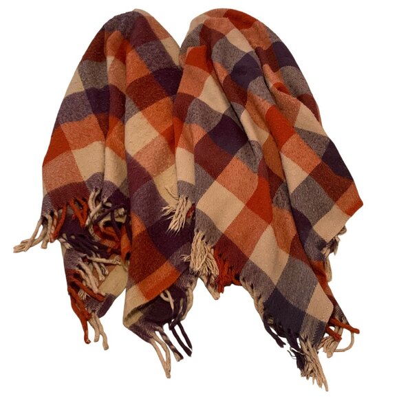 Plaid Wool Throw Blanket - Orange, Brown, Cream - Picture 3 of 7